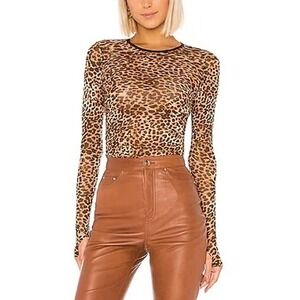 ENZA COSTA Mesh Long Sleeve Crew Top Women Medium Tan Black Ocelot Leopard Sheer